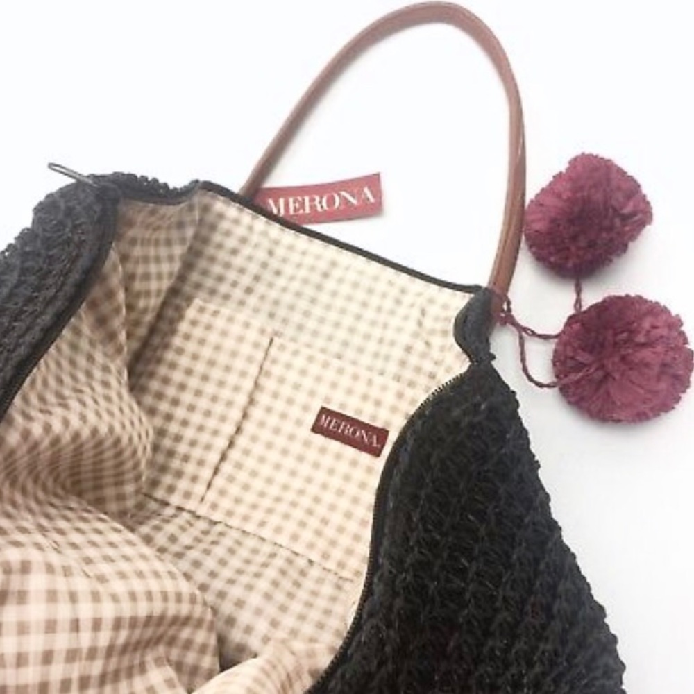 Black Straw Tote + PomPoms - Picture 2 of 5